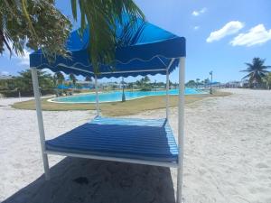 NancitoADVENTURE House的海滩上的蓝白椅子,带游泳池