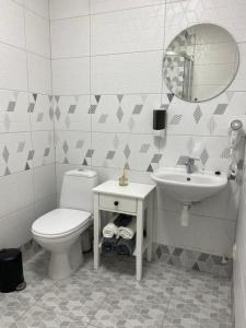陶格夫匹尔斯Neiroprakse Mini Hotel的一间带卫生间、水槽和镜子的浴室