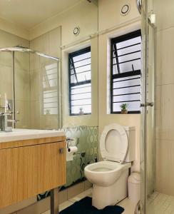 约翰内斯堡Moc Luxury Apartment的浴室配有卫生间、盥洗盆和淋浴。