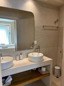 帕莱欧卡斯提撒Corfu valley view的一间带两个盥洗盆和大镜子的浴室