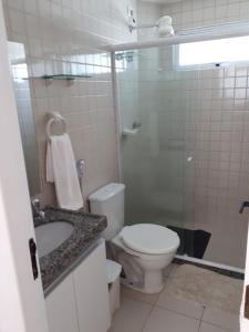 塔曼达雷Flat Porto dos Carneiros的浴室配有卫生间、盥洗盆和淋浴。