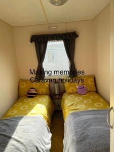 斯凯格内斯Making Memories Holiday Caravan的一间卧室设有两张床和窗户。