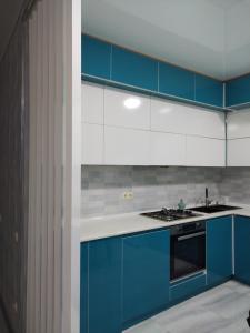 巴统Family apartament的厨房配有蓝白色橱柜和炉灶。