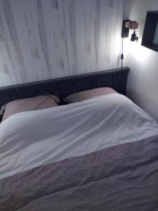 库尔瑟勒·苏尔·梅尔Le triplex Côté plage plein Sud的卧室内的一张带白色床单和枕头的床