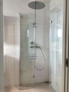 哈尔姆斯塔德Strandviks semesterboende的浴室里设有玻璃门淋浴