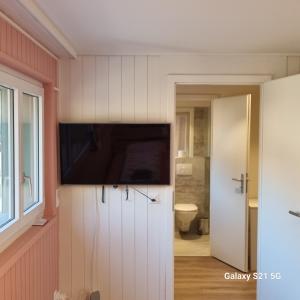 维尔德斯韦尔Mountain - Lake Apartment 3的墙上设有1间带平面电视的浴室
