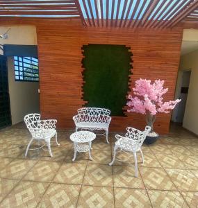 圣地亚哥洛斯卡巴Acogedor Apartamento的一组椅子和一张桌子,一个植物