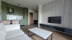 乌尔齐尼Dulamerovic Hotel的客厅配有白色沙发和电视