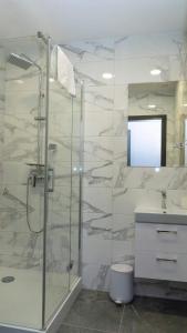 布热格Bon Żur的一间带玻璃淋浴和水槽的浴室