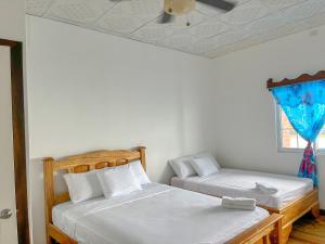 博卡斯德尔托罗Vladi Eco House的一间卧室设有两张床和一个带窗帘的窗户。