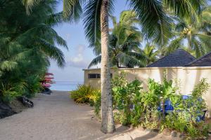 拉罗汤加The Rarotongan Beach Resort & Lagoonarium的棕榈树海滩上的房子