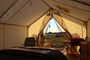 WaitsfieldMadbush Falls的田野上带床和椅子的帐篷