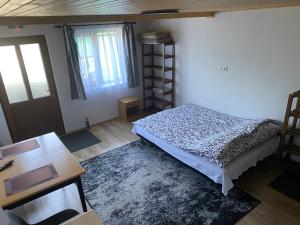普拉伊德SKH Studio apartman的一间卧室配有一张床、一张书桌和一个窗户。