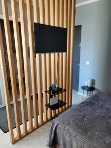 奥内什蒂Studio Home的一间卧室设有木墙和平面电视
