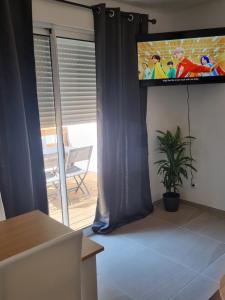 阿维尼翁maison cosy avec petit jardin的客厅的墙上配有平面电视。