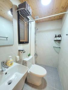 首尔Seoul, Hanok Stay Kyeongaejae的浴室配有白色卫生间和盥洗盆。