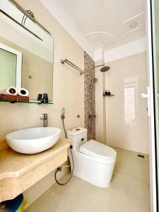 头顿Diamond Hotel的一间带水槽、卫生间和镜子的浴室