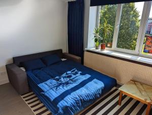 帕维洛斯塔Lost & Found 3 - with 4 bikes的一间卧室配有一张带蓝色毯子的床和窗户。