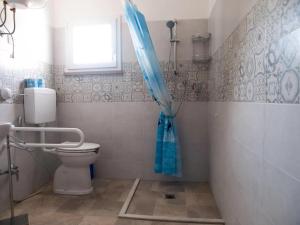 皮昂比诺Bilocale vicino al mare的浴室设有卫生间和蓝色的浴帘。