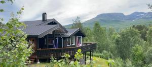 SykkylvenLarge and cosy mountain cabin的山丘上以山为背景的房子