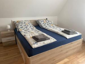 弗洛托Ferienwohnung Andreea的一间卧室配有两张蓝色床单