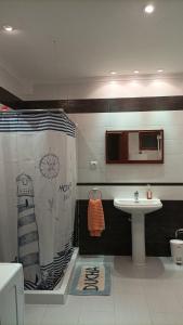 Habitación privada con baño compartido的浴室配有淋浴帘和盥洗盆。