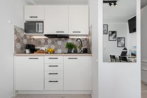 克拉科夫Czarnowiejska Mini Studio的白色的厨房配有白色橱柜和电器