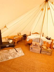 剑桥Fen meadows glamping - Luxury cabins and Bell tents的一个带帐篷的房间,配有一张床和一台电视