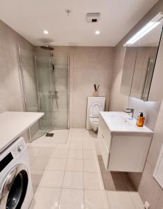 奥斯陆Private room in shared Modern Apartment - Oslo Hideaway的浴室配有卫生间、盥洗盆和洗衣机。