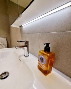 奥斯陆Private room in shared Modern Apartment - Oslo Hideaway的浴室水槽顶部的肥皂机