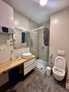 别拉什尼察Smuk Bjelasnica的带淋浴、卫生间和盥洗盆的浴室