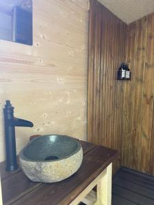 Florent-en-ArgonneLe Hameau的木制柜台上带石水槽的浴室