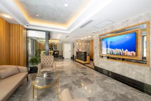 伊斯坦布尔Hotel Ravi的客厅配有沙发和墙上的电视