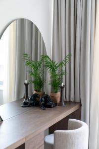 雅典Athens Design Suites的一张桌子,上面有两棵植物,上面有两把椅子