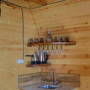 Inasharidzeebicottage panorama merisi的木墙内带水槽的厨房