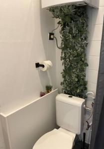 安特卫普Private studio in Antwerp的浴室设有卫生间,墙上挂有绿色植物