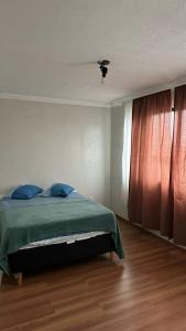 蓬塔格罗萨Apartamentos na região Central Cobertura e 2 quartos的一间卧室配有一张带蓝色枕头的床和一扇窗户。