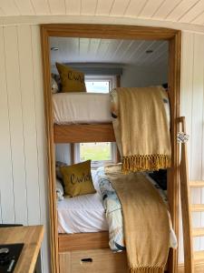 LlanelltydCwtch Cader Shepherds Hut的一间位于小房子内的卧室,配有双层床