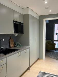于韦斯屈莱Tikka Apartments的一间带白色橱柜的厨房和一间客厅