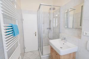 宾茨Villa Baltik的白色的浴室设有水槽和淋浴。