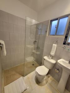 圣多明各Marcel Suites的浴室配有卫生间、淋浴和盥洗盆。