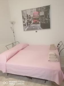 哈尔基斯Xenia's studio的卧室配有粉红色的床,墙上挂着一幅画