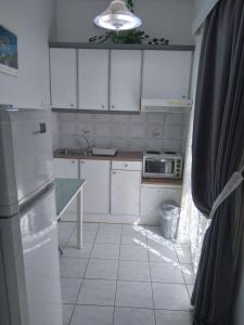 波罗斯Makis Studios & Apartments的厨房配有白色橱柜和冰箱。