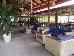 高龙撒冷岛撒拉逊湾度假酒店的一个带蓝色沙发、桌子和植物的庭院