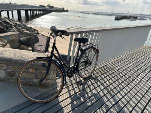 波尔尼谢Villa en bord de mer的停在水边的码头上的自行车