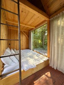 KozloviceNa seně的配有窗户的小木屋内的一张床位
