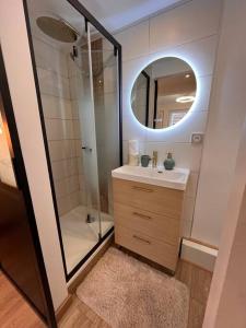 科洛米耶Studio « Le petit Prat »的带淋浴、盥洗盆和镜子的浴室