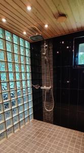 伦派莱Room by Lake 10 minutes from Tampere centrum的浴室设有玻璃墙和淋浴。