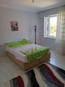 格克切达镇merkez konumda的一间卧室配有一张带绿色棉被的床和窗户。