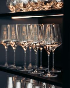卡尔达罗Villa Weingarten的架子上一排酒杯